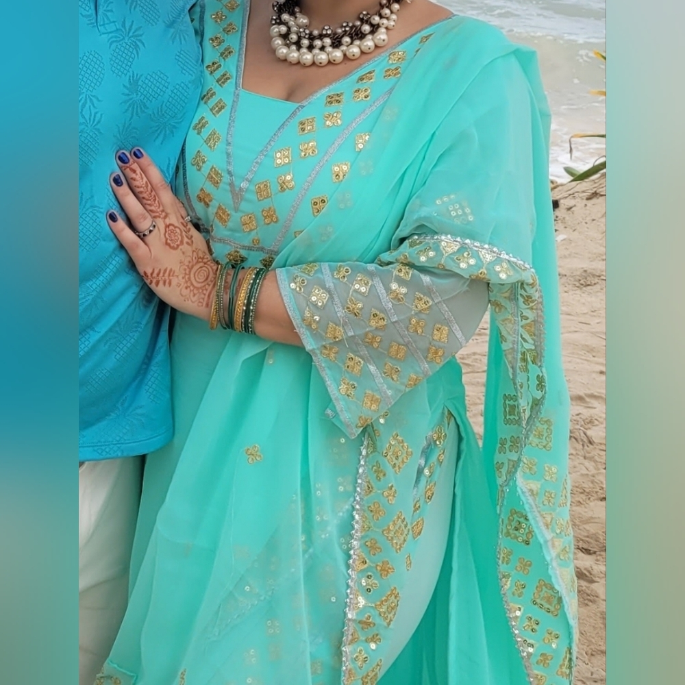 Elegant Aqua Maxi Dress with Gold Accents